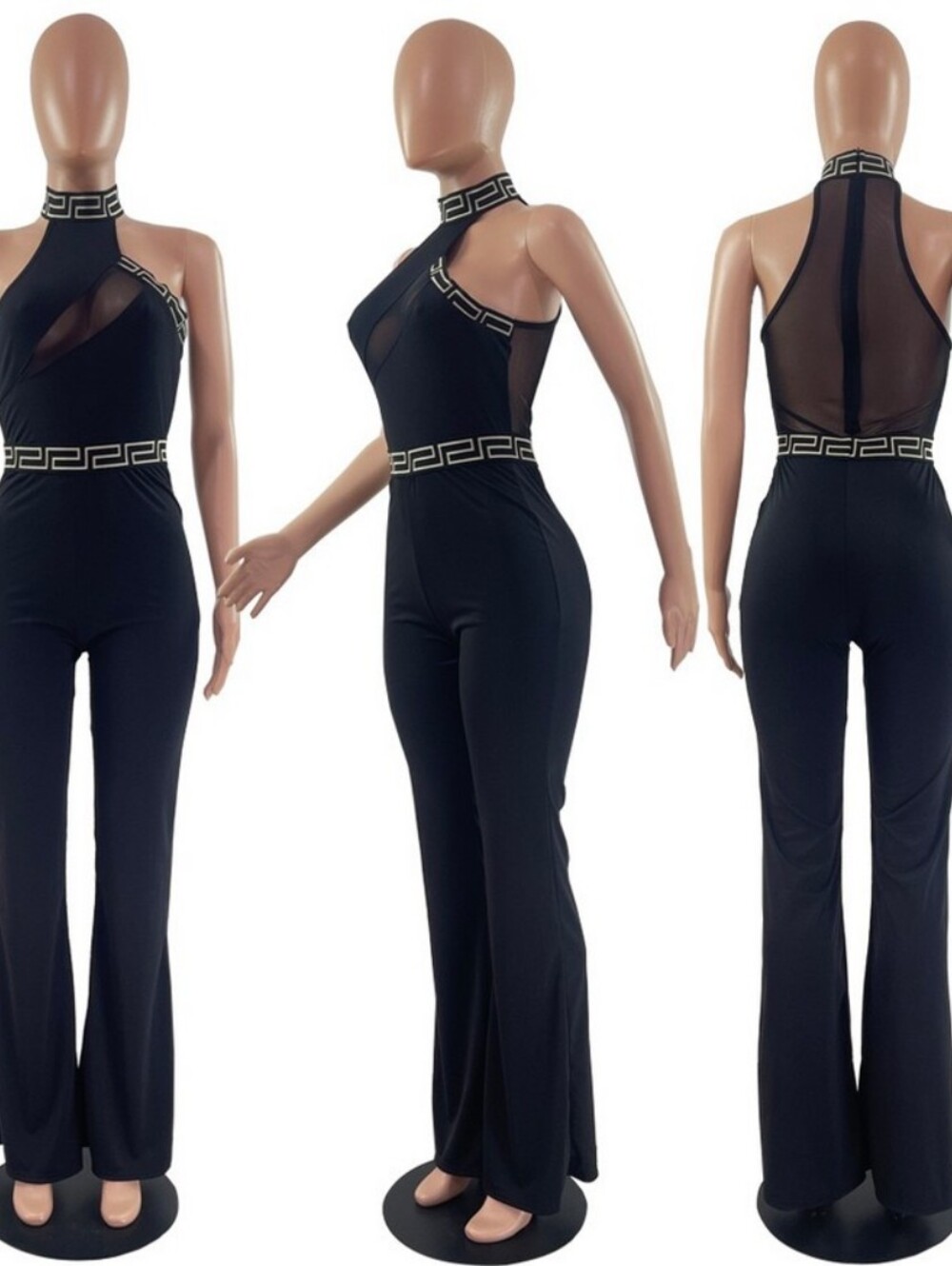 Source Unknown Black Maxi Dress with Gold Greek Key Trim